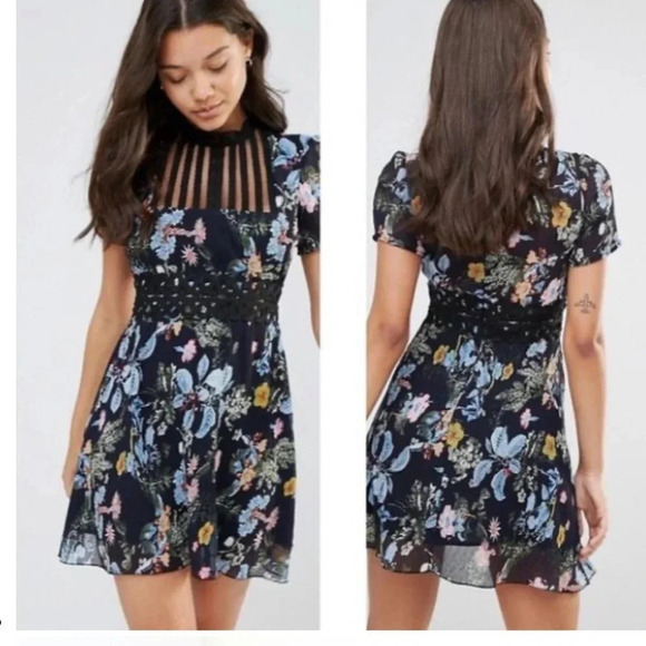 NWT Foxiedox Juniper Navy Blue Black Floral Print Mesh Embroidered Neck Dress L - Picture 2 of 12